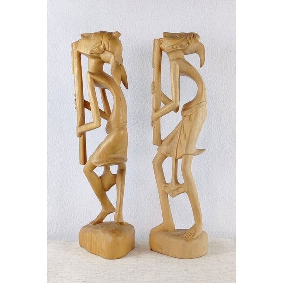 MCM Indonesian Carved Pair 14" Wooden Sculptures Musicians Windpipes 50s-60s - Picture 1 of 13